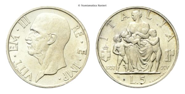 5 Lire 1937 a. XV Roma, Fecondità.
