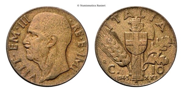 10 Centesimi 1943 a. XXI Roma, Impero, II tipo