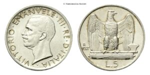 5 Lire 1927 due rosette Roma, Aquilino.