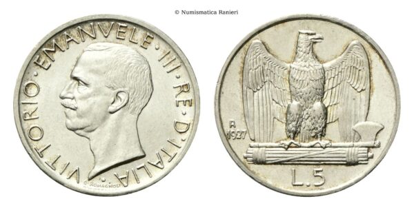 5 Lire 1927 due rosette Roma, Aquilino.