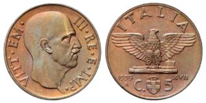 5 Centesimi 1939 a. XVII Roma, Impero, I Tipo.