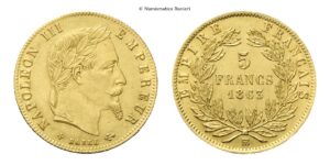 Francia - 5 Franchi 1863 BB, zecca di Strasburgo.