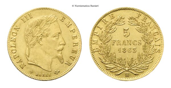 Francia - 5 Franchi 1863 BB, zecca di Strasburgo.