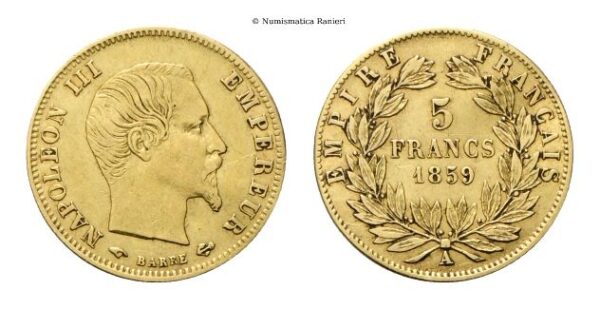 Francia - 5 Franchi 1859 A, zecca di Parigi.