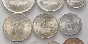 Malta - Serie 10 valori 1972  da 2 Liri, 1 Lira (Ag), 50- 10- 5- 2 Cents (Ni), 1 cent (Ae), 5-3-2 Mils (Al)