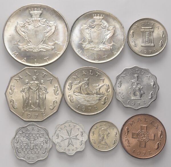 Malta - Serie 10 valori 1972  da 2 Liri, 1 Lira (Ag), 50- 10- 5- 2 Cents (Ni), 1 cent (Ae), 5-3-2 Mils (Al)