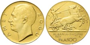 Albania. 100 Franga Ari 1927, zecca di Roma.