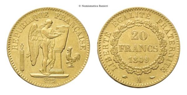 20 Franchi 1849 A, zecca di Parigi.