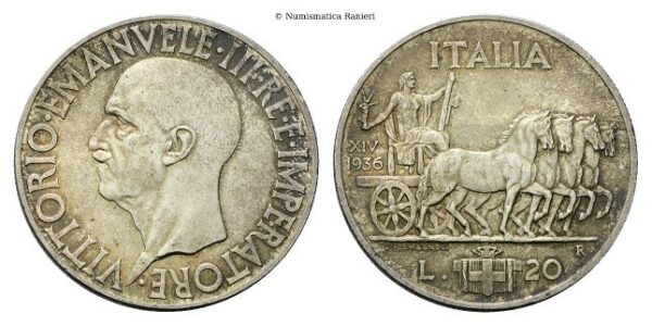 20 Lire 1936 a. XIV Roma, Quadriga Impero.