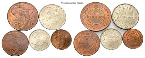 Serie 1950 composta dai 5 valori: 1 Somalo, 50 Centesimi, 10, 5 e 1 Centesimo.