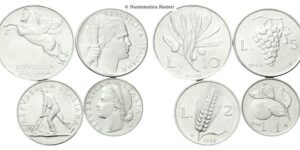 Serie 1948 composta da 4 valori: 10 Lire, 5 Lire, 2 Lire e Lira.