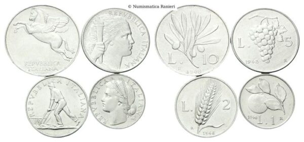 Serie 1948 composta da 4 valori: 10 Lire, 5 Lire, 2 Lire e Lira.