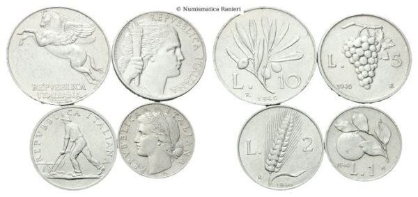 Serie 1946 composta da 4 valori: 10 Lire, 5 Lire, 2 Lire e Lira.