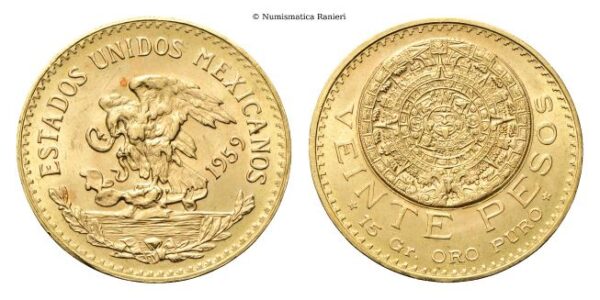 20 Pesos 1959, Calendario Azteco, zecca di Città del Messico.