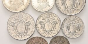 Serie di 8 valori 1940 a. II,  comprendente 10 e 5 Lire (Ag), 2 e 1 Lira, 50 e 20 Centesimi (Ac), 10 e 5 Centesimi (Ba).