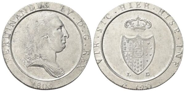 Napoli - Piastra da 120 Grana 1805, capelli lisci, sigle piccole e vicine.