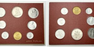 Serie di 8 valori 1958 a. XX, comprendente 500 Lire (Ag) 100 e 50 Lire (Ac), 20 Lire (Ba), 10-5-2 Lire e 1 Lira (It).