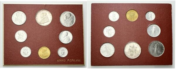 Serie di 8 valori 1958 a. XX, comprendente 500 Lire (Ag) 100 e 50 Lire (Ac), 20 Lire (Ba), 10-5-2 Lire e 1 Lira (It).