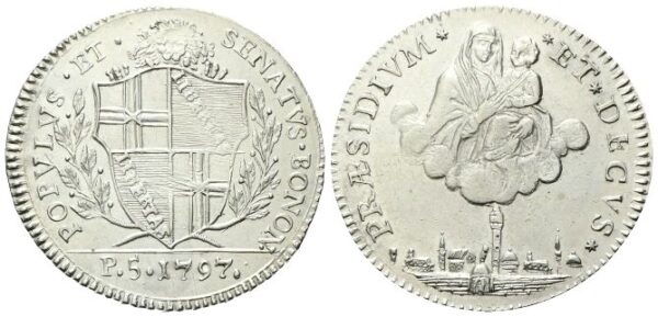 Mezzo Scudo 1797 da 5 Paoli con mura orizzontali.