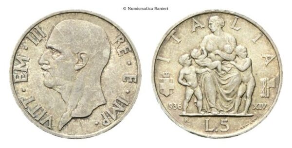 5 Lire 1936 a. XIV Roma, Fecondità.
