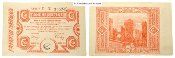 Buono di cassa da 50 Centesimi Comune di Udine Prima Guerra Mondiale, decreto 12/03/1918.