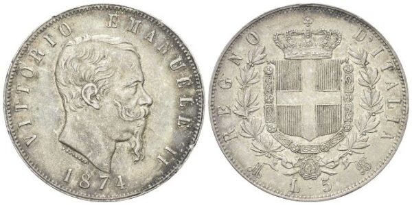 5 Lire 1874 Milano.
