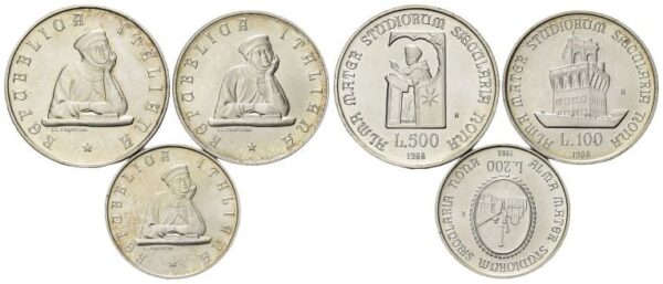 Trittico dell’Università di Bologna da 500, 100 e 50 Lire 1988.